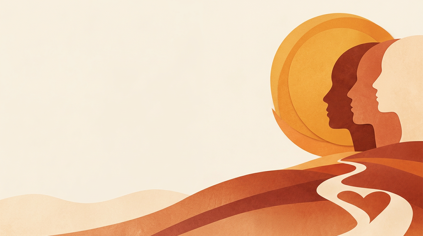 Ilustración de perfiles humanos, un sol y un camino entre colinas terracota que abraza un corazón